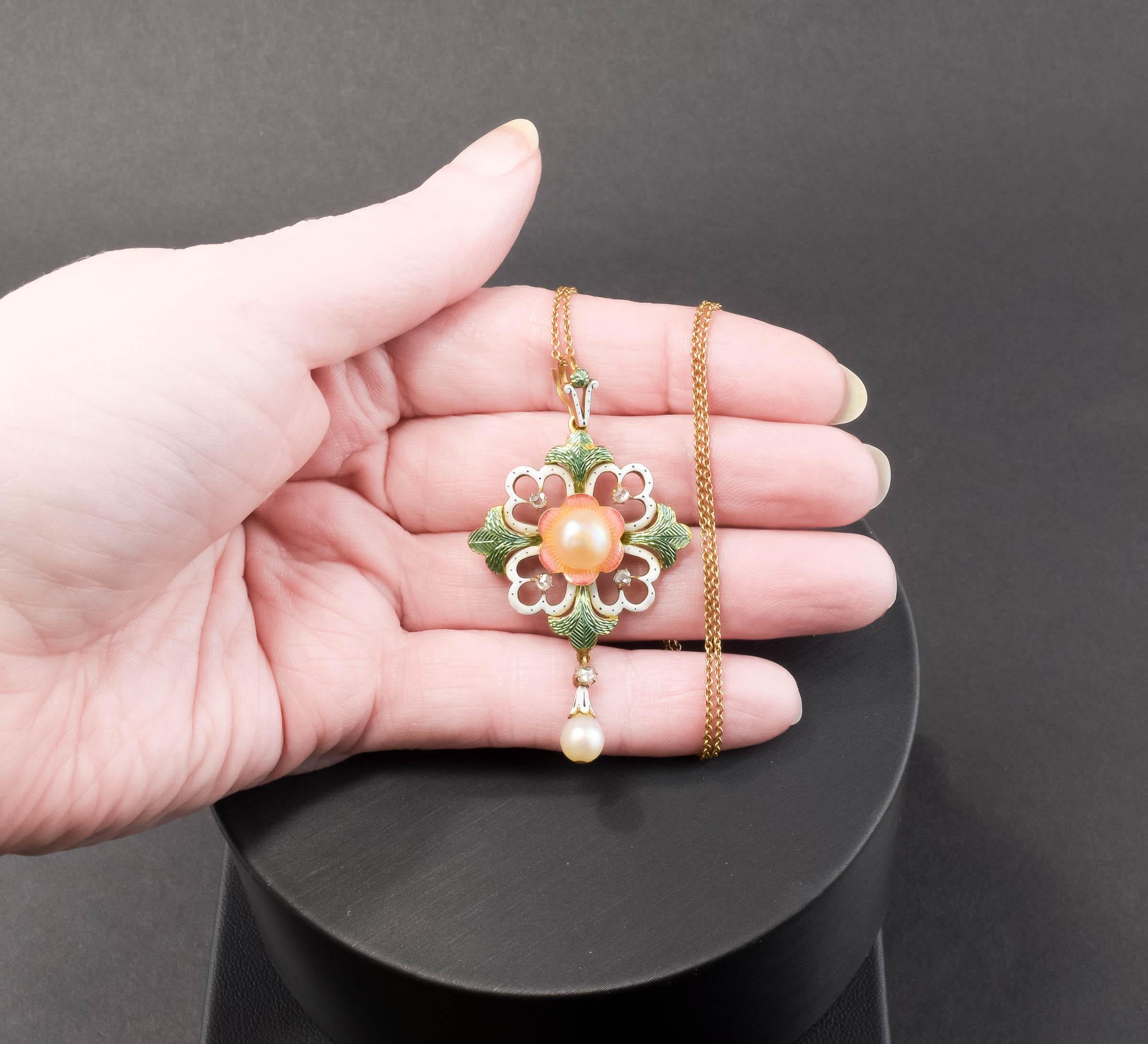Rose Cut Art Nouveau Enamel, Diamond & Pearl Pendant - Brooch Necklace For Sale