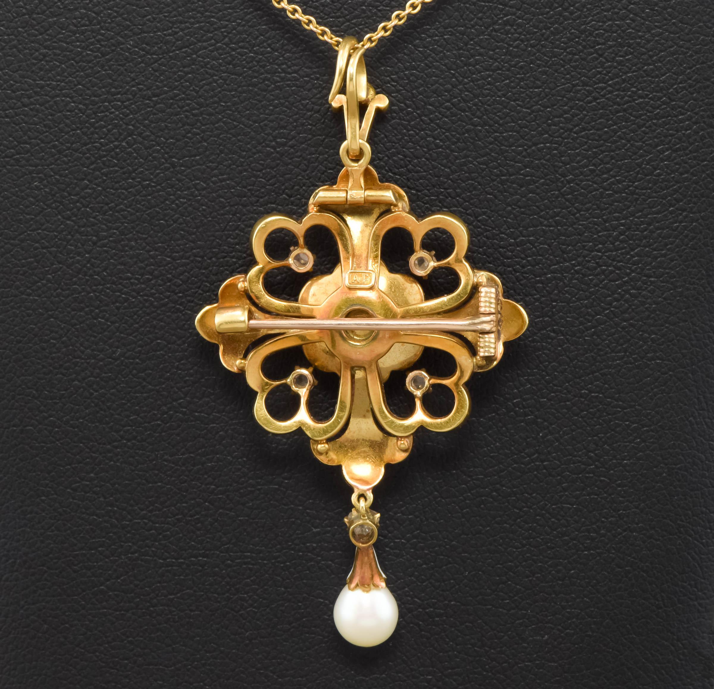 Art Nouveau Enamel, Diamond & Pearl Pendant - Brooch Necklace For Sale 1