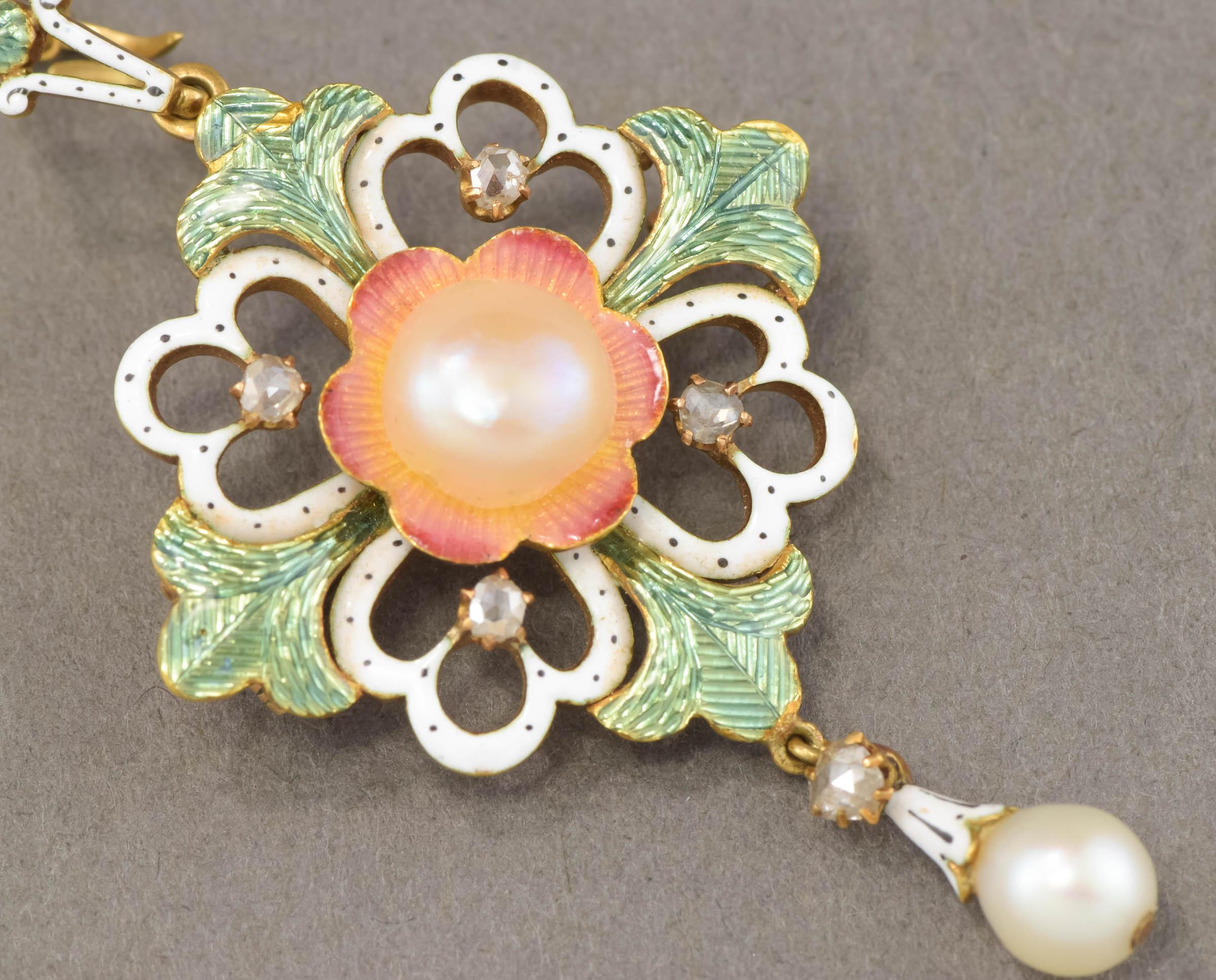 Art Nouveau Enamel, Diamond & Pearl Pendant - Brooch Necklace For Sale 2