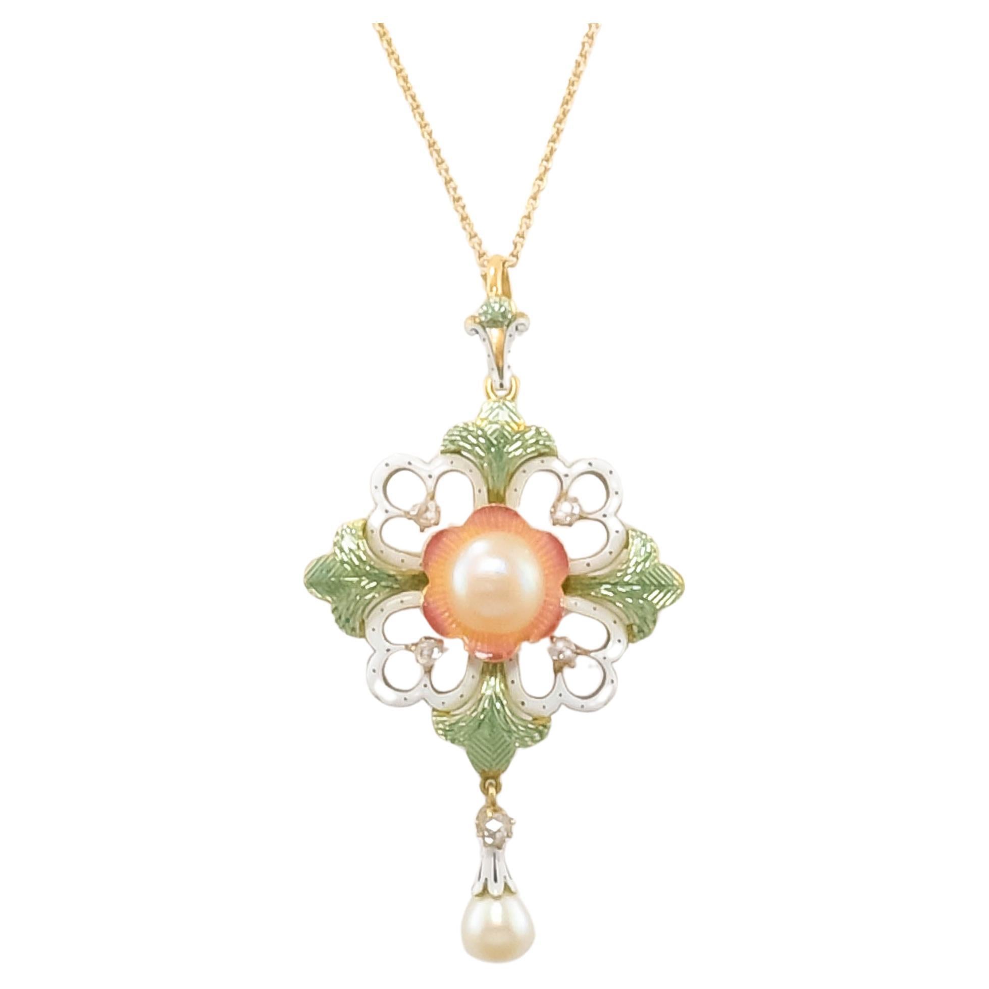 Art Nouveau Enamel, Diamond & Pearl Pendant - Brooch Necklace For Sale