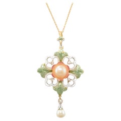 Antique Art Nouveau Enamel, Diamond & Pearl Pendant - Brooch Necklace