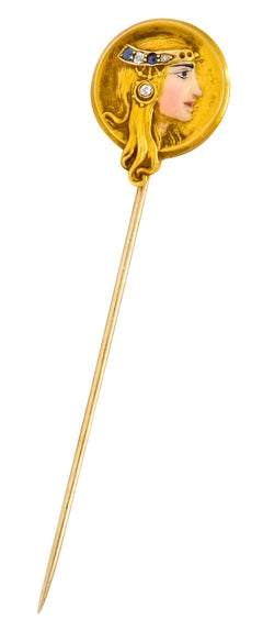 Épingle à nourrice Art Nouveau en or 14 carats, émail, diamants et saphirs, représentant l'impératrice