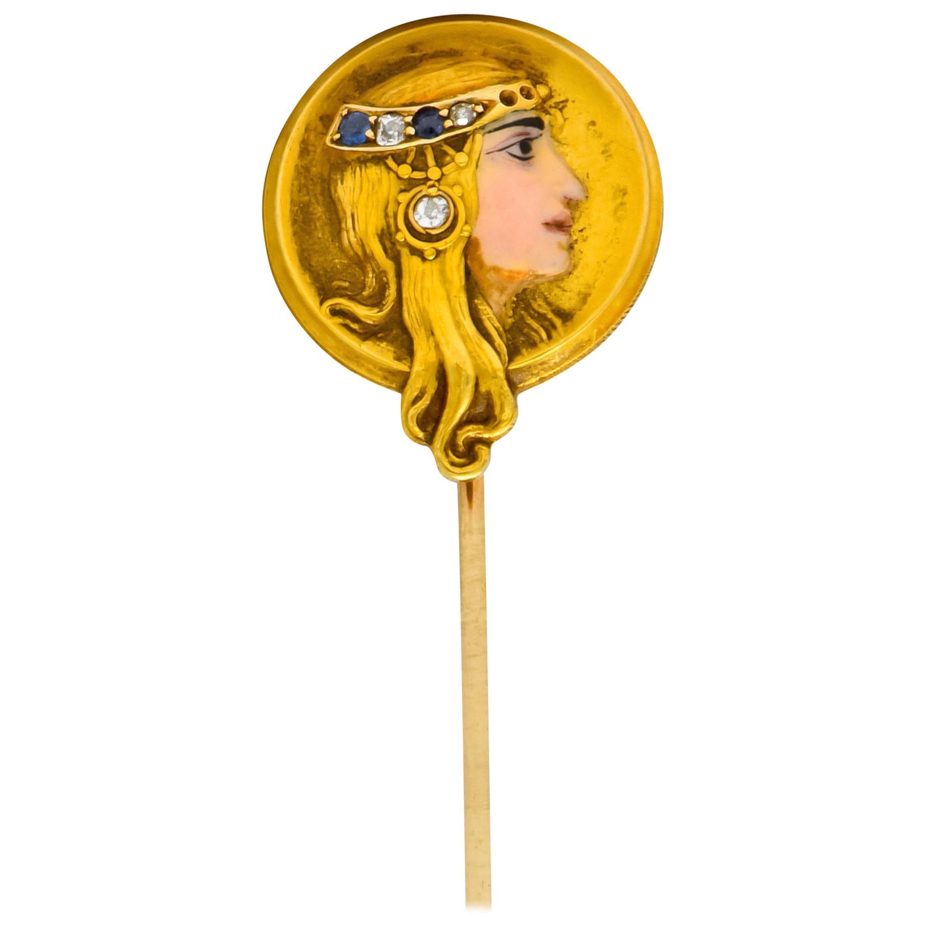 Art Nouveau Enamel Diamond Sapphire 14 Karat Gold Empress Stickpin