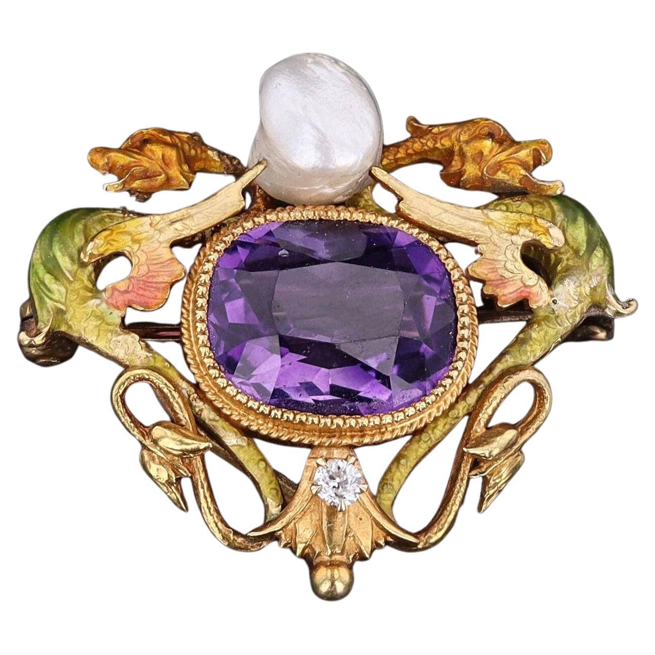 Art Nouveau Broche Dragón Esmaltado Oro 14k