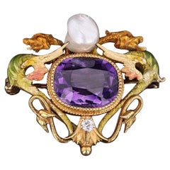 Art Nouveau Broche Dragón Esmaltado Oro 14k
