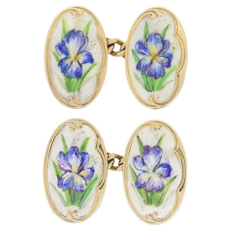 Art Nouveau Enamel Floral Iris Cufflinks For Sale