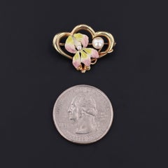 Art Nouveau Enamel Flower Brooch of 14K Gold