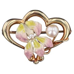 Art Nouveau Broche Flor de Esmalte de Oro de 14K