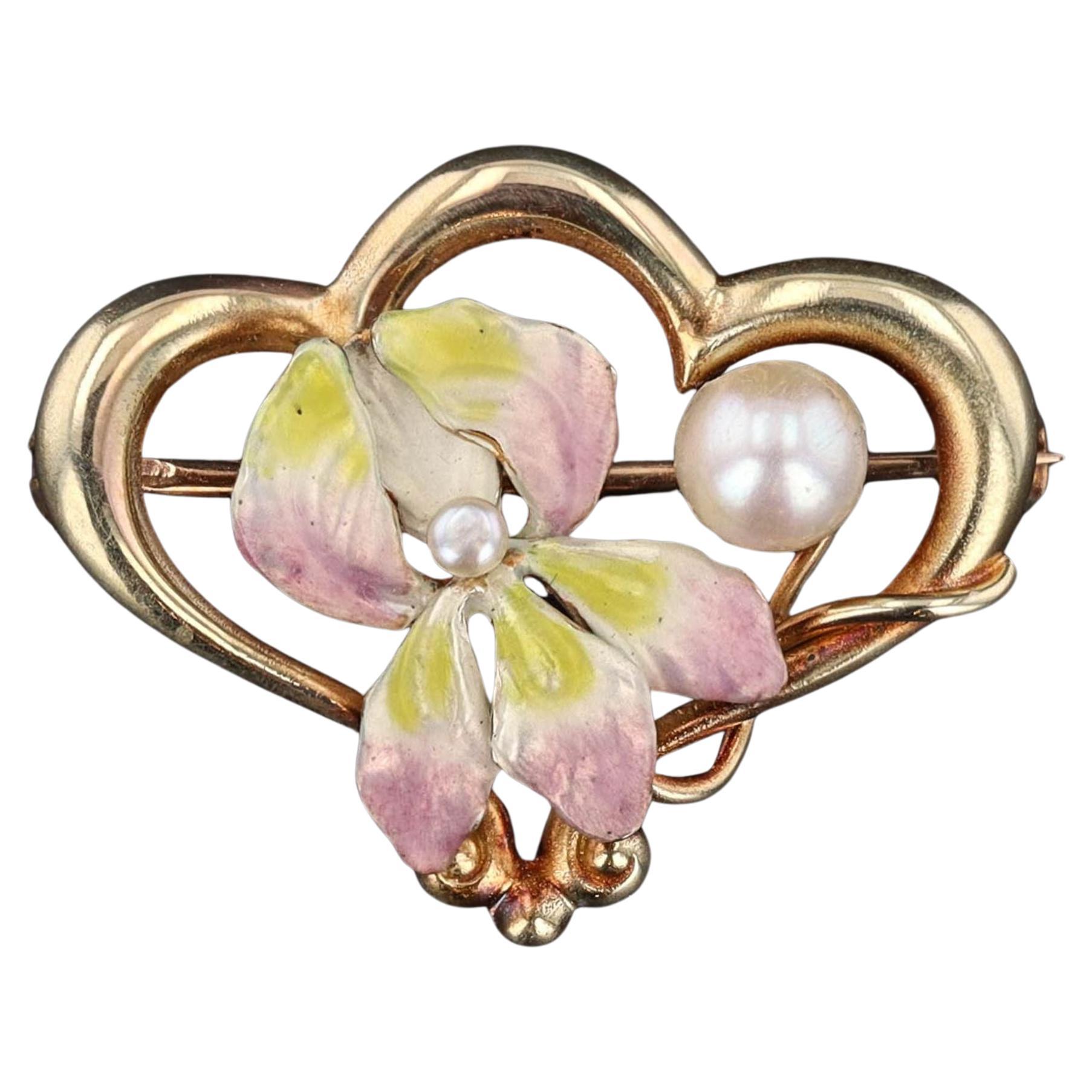 Spilla a fiore smaltata in stile Art Nouveau in oro 14K