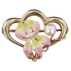 Art Nouveau Enamel Flower Brooch of 14K Gold