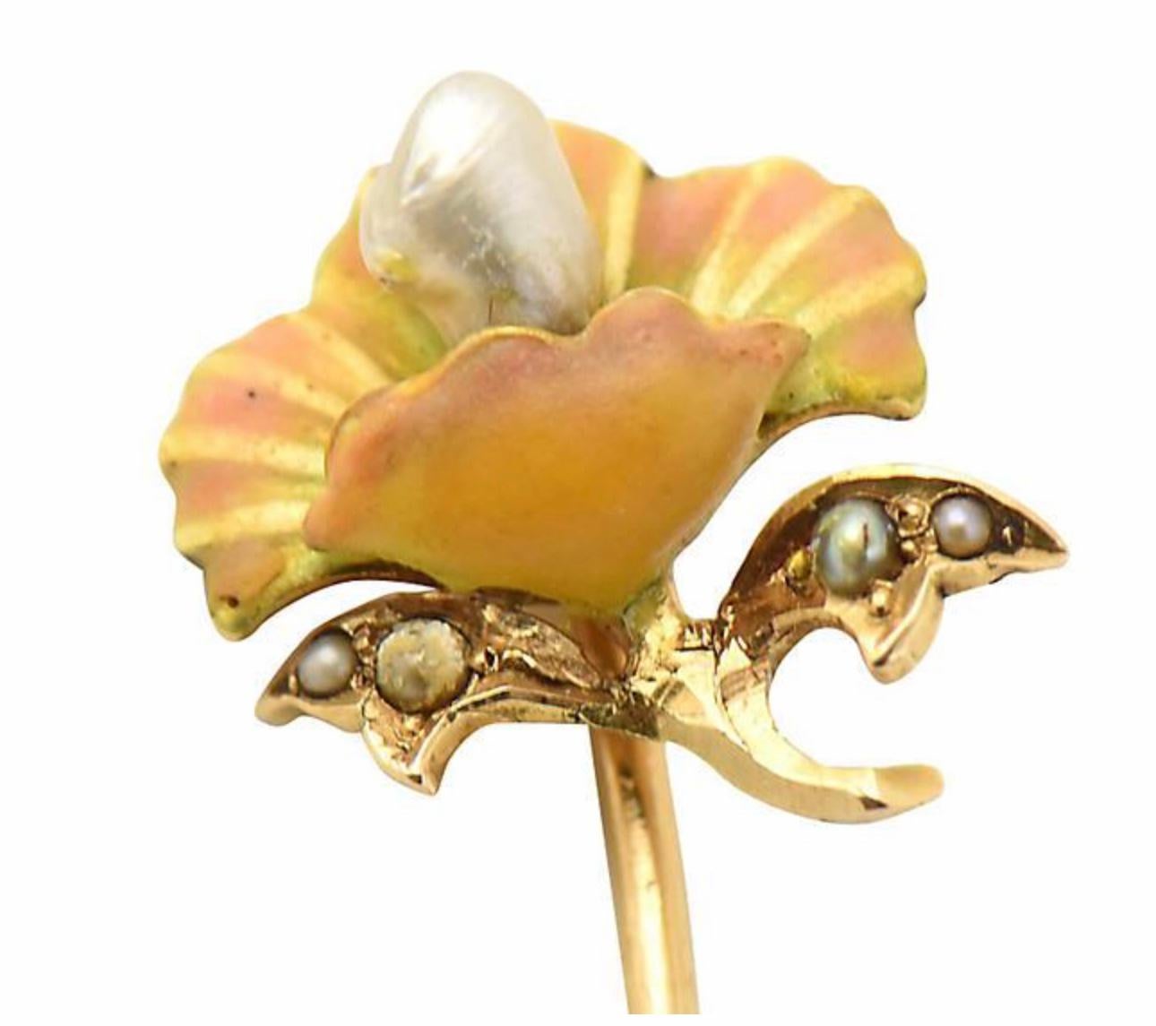 Bead Antique Art Nouveau Enamel Flower Gold Stick Pin For Sale