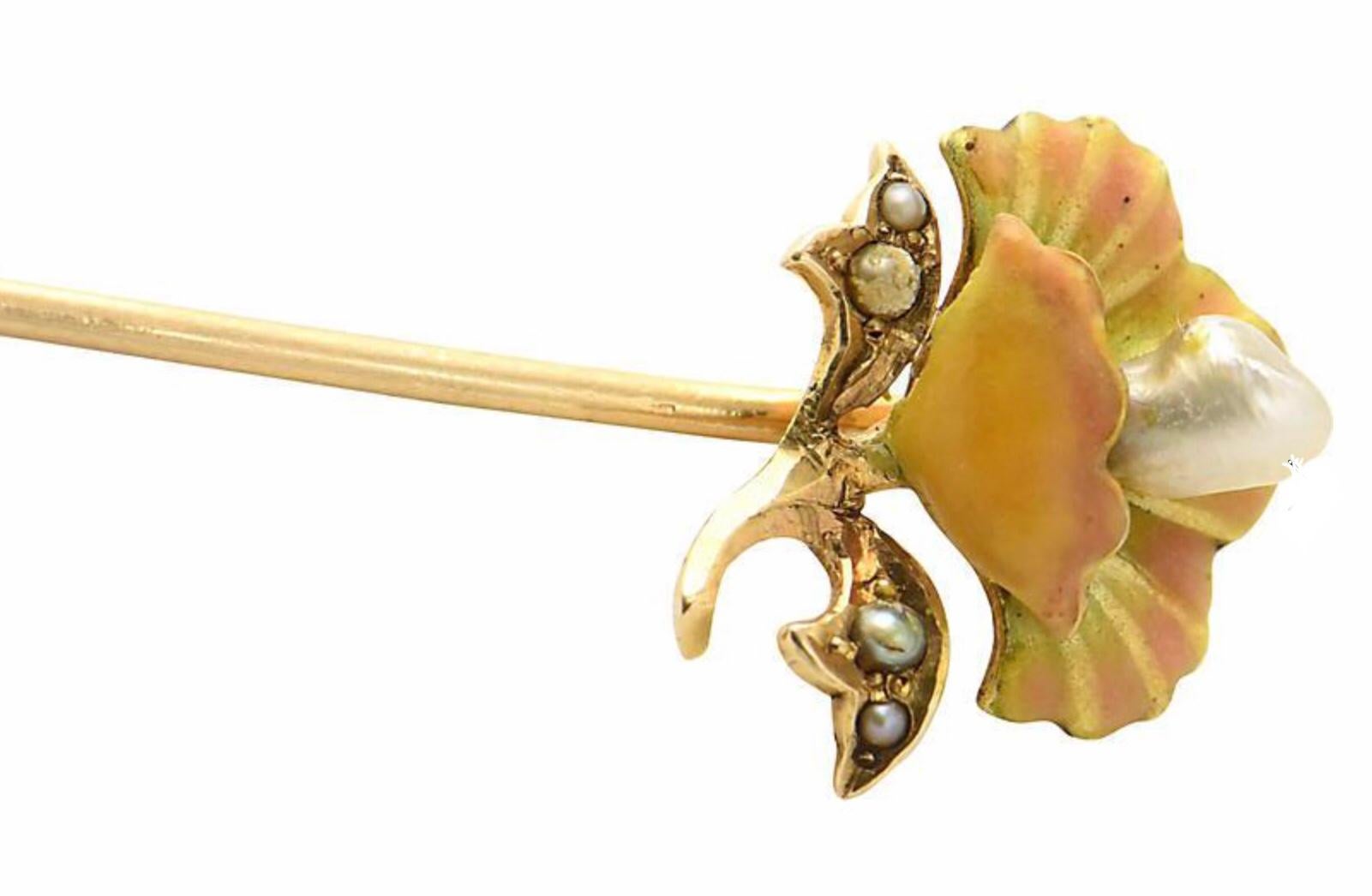 Women's or Men's Antique Art Nouveau Enamel Flower Gold Stick Pin For Sale