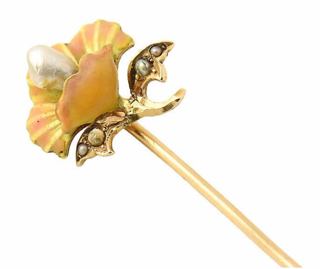 Antique Art Nouveau Enamel Flower Gold Stick Pin For Sale 1