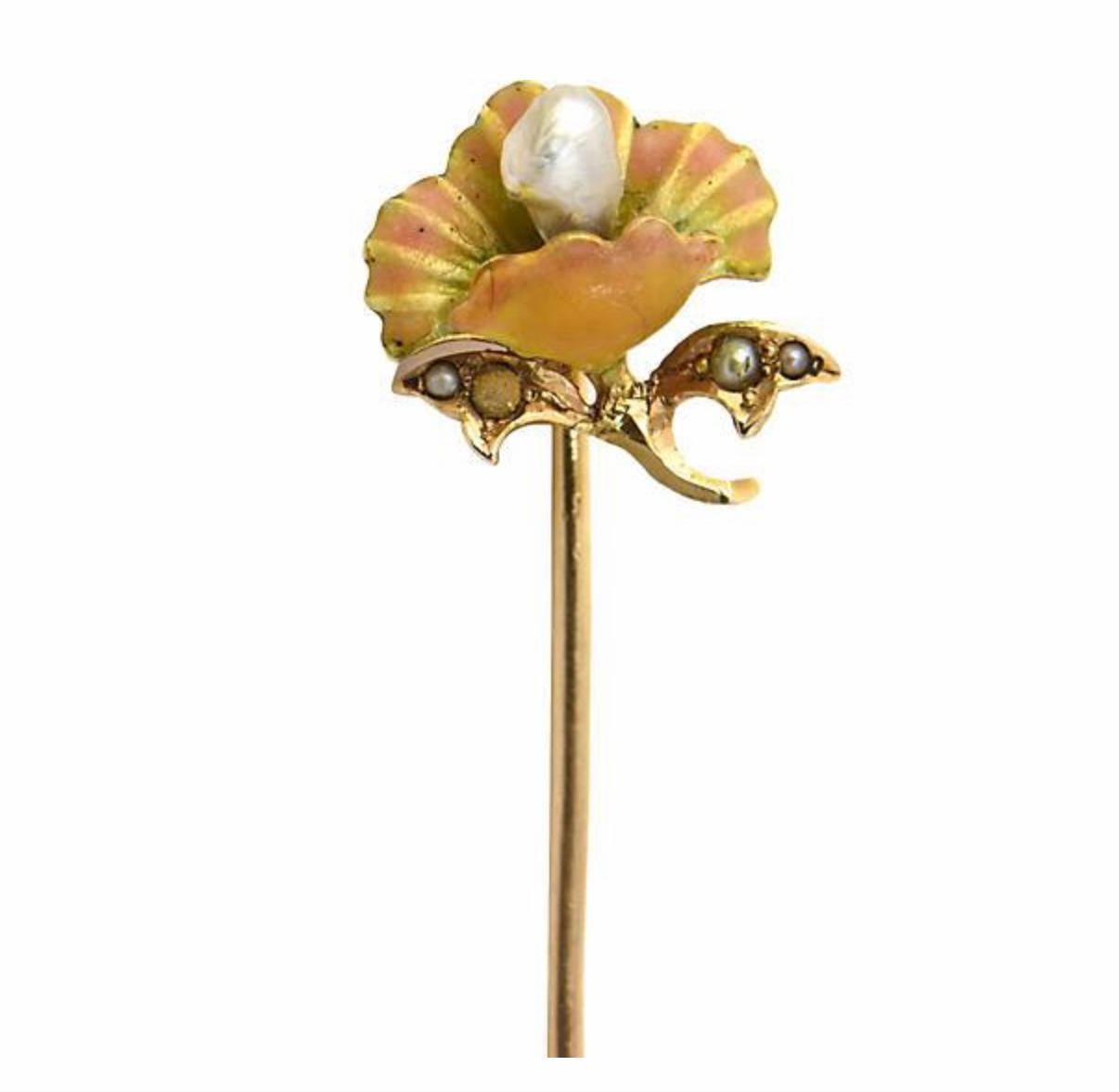 Antique Art Nouveau Enamel Flower Gold Stick Pin For Sale 2