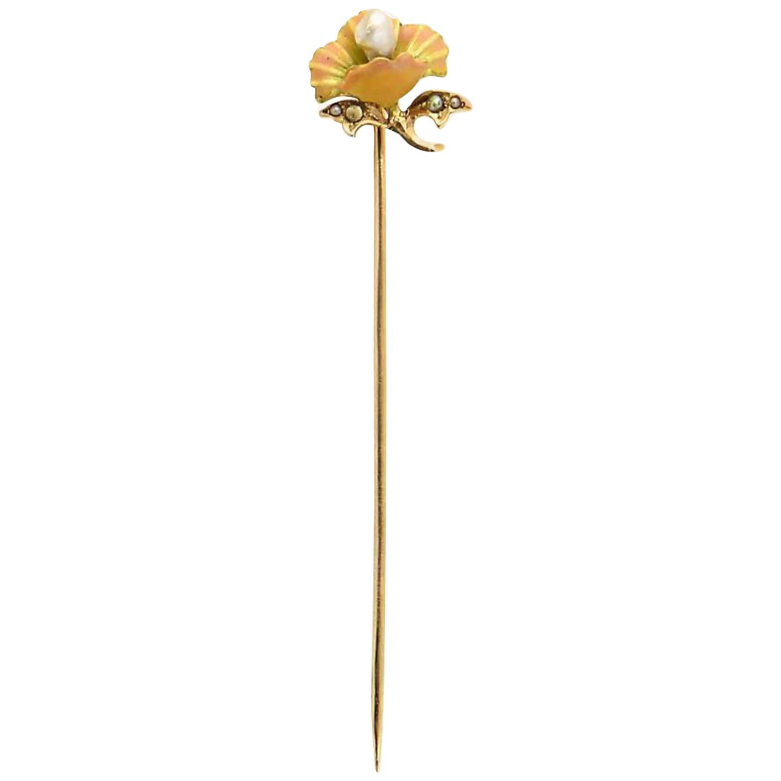 Antike Jugendstil-Anstecknadel, Emaille-Blume in Gold