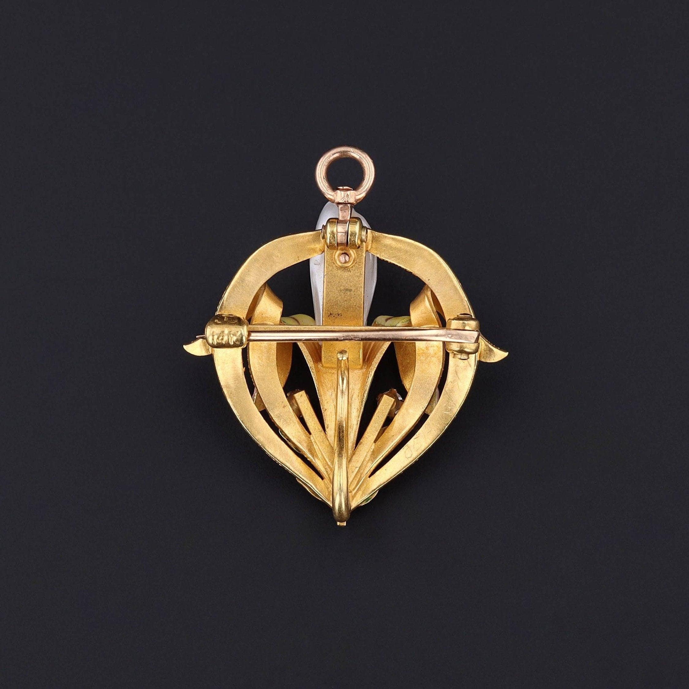 Round Cut Art Nouveau Enamel Flower Pendant Brooch by Krementz For Sale