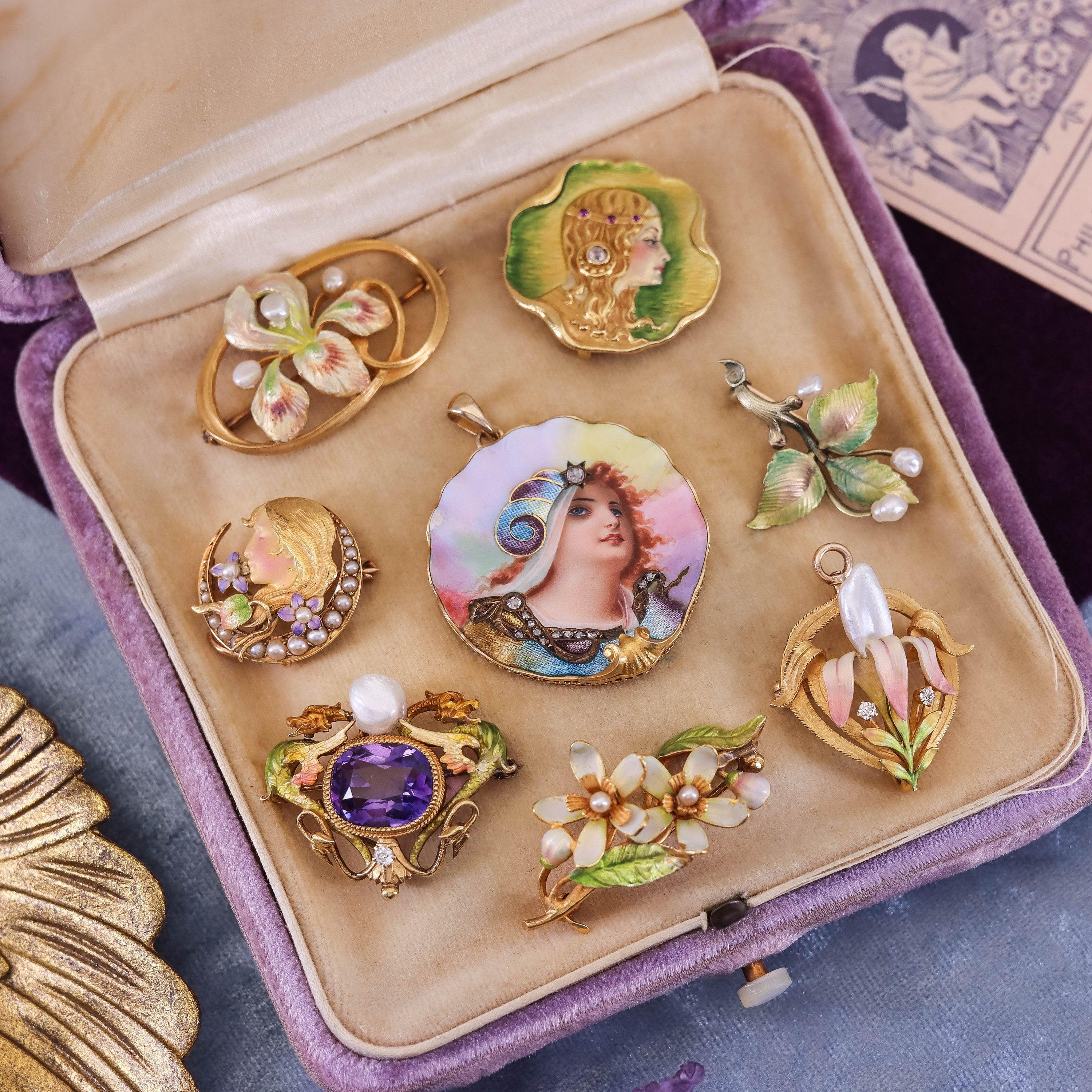 Art Nouveau Enamel Flower Pendant Brooch by Krementz For Sale 1