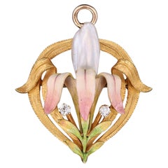 Art Nouveau Enamel Flower Pendant Brooch by Krementz
