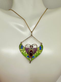 Art Nouveau Enamel Garnet Butterfly Moth Insect Pendant Necklace Rare 1900