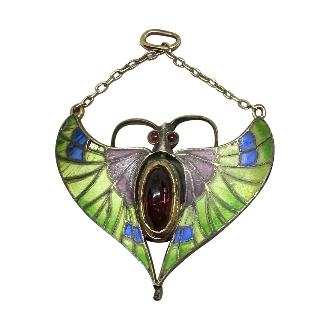 Art Nouveau Enamel Garnet Butterfly Moth Insect Pendant Necklace Rare 1900