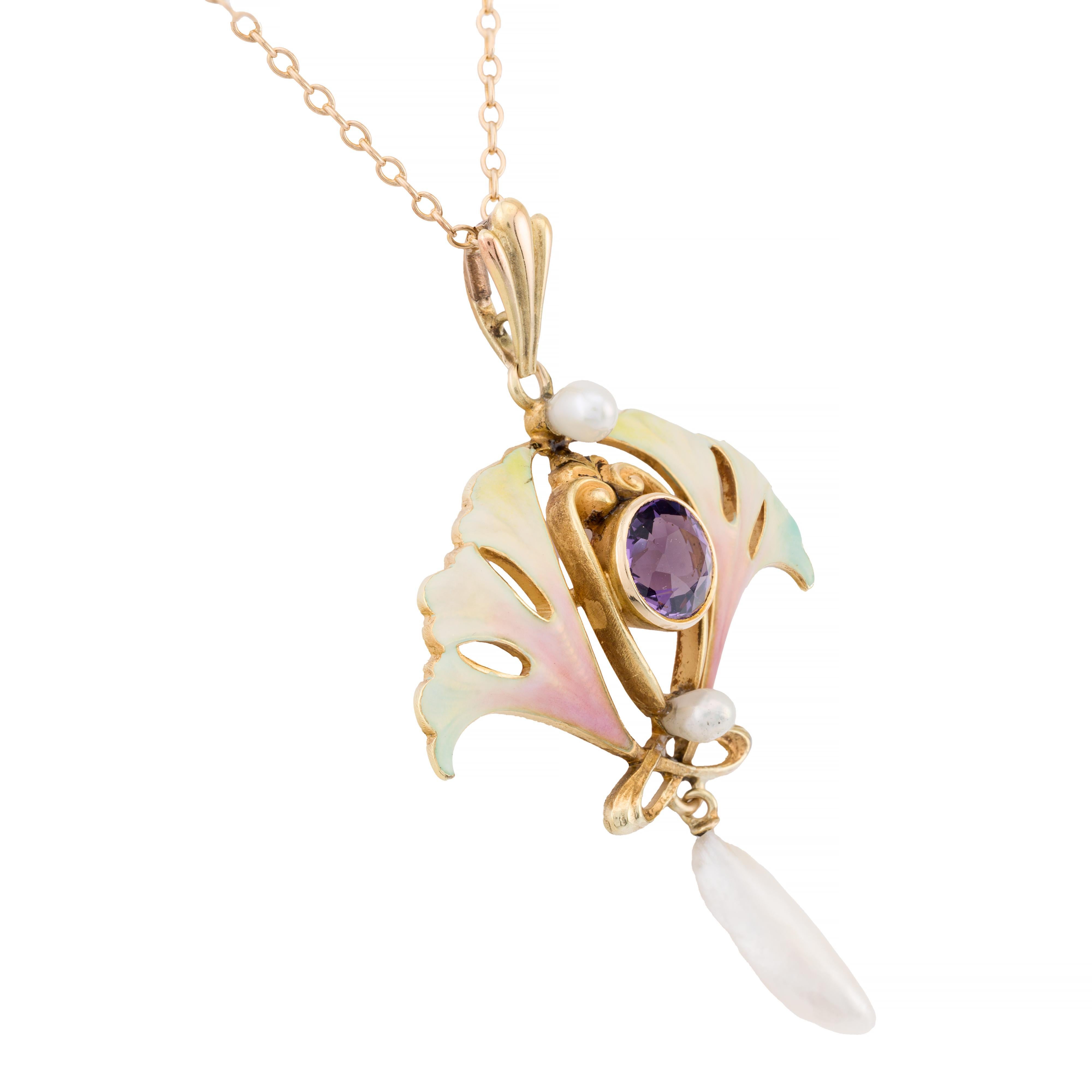 Old European Cut Art Nouveau Enamel Ginko Leaf Amethyst & Natural Pearl Pendant Necklace