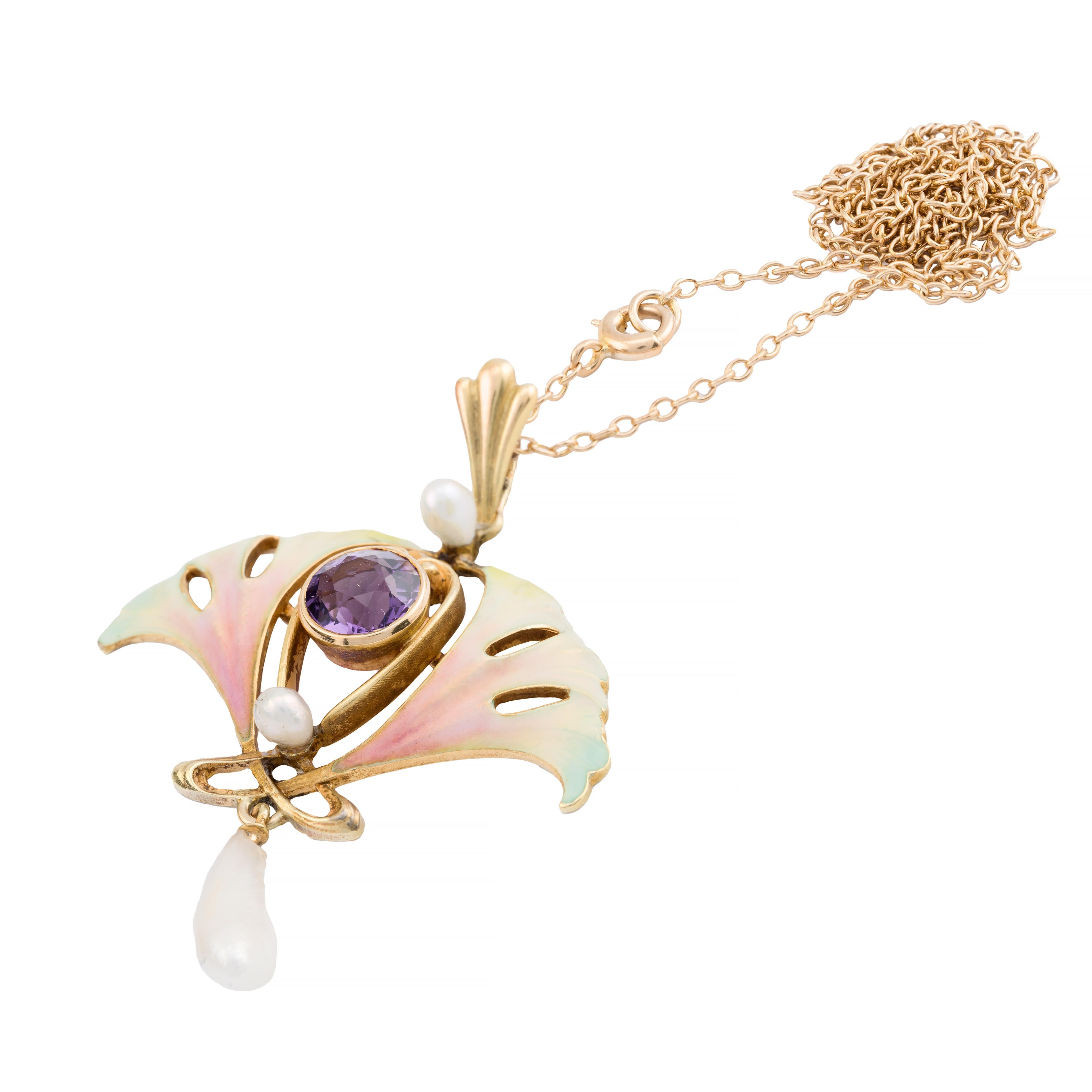 Women's Art Nouveau Enamel Ginko Leaf Amethyst & Natural Pearl Pendant Necklace
