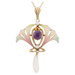 Art Nouveau Enamel Ginko Leaf Amethyst & Natural Pearl Pendant Necklace