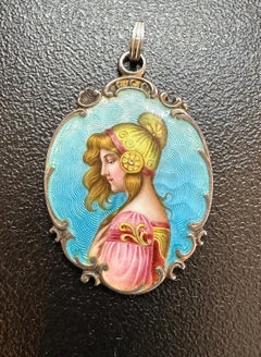 Art Nouveau Enamel Goddess Woman Pendant Necklace Silver Antique Museum Quality