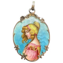 Art Nouveau Enamel Goddess Woman Pendant Necklace Silver Antique Museum Quality