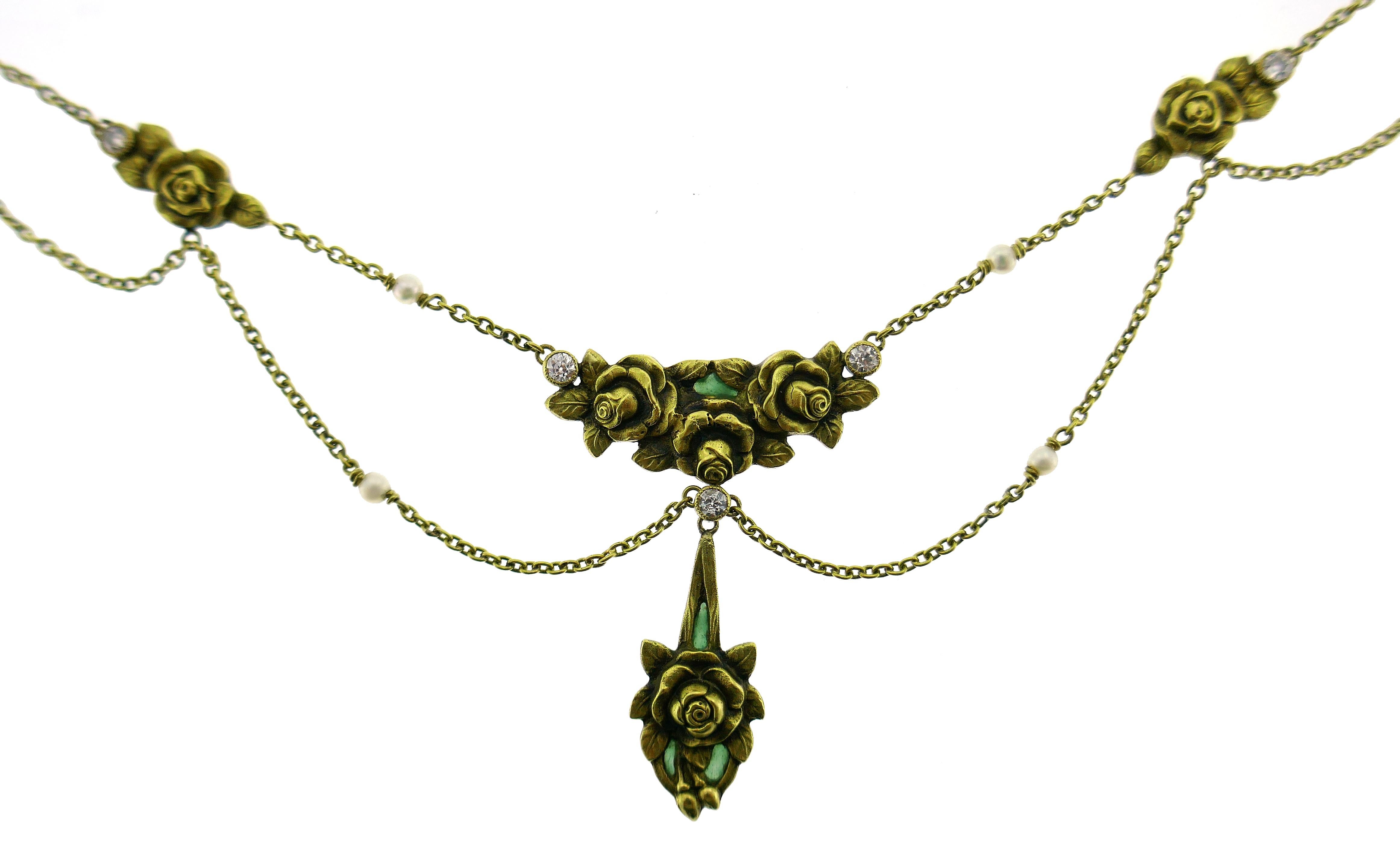 Mixed Cut Art Nouveau Enamel Gold Necklace and Earrings Set with Diamond and Seed Pearl