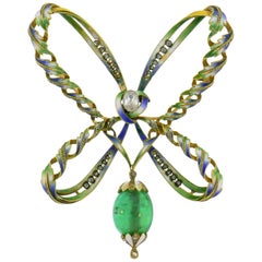 Art Nouveau Enamel Gold Pin Brooch Clip Diamond Emerald, French