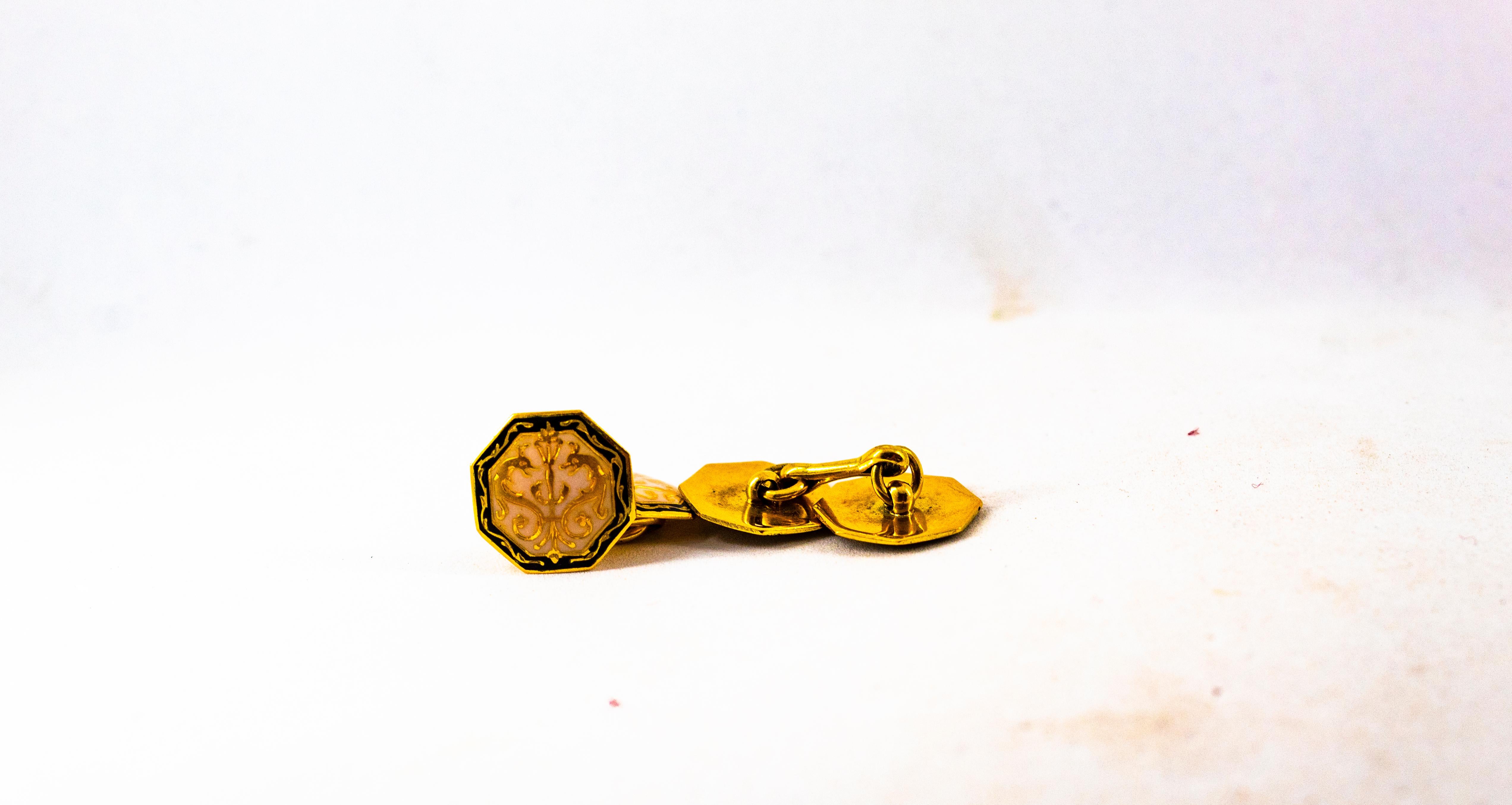 Art Nouveau Enamel Handcrafted Yellow Gold Cufflinks 1