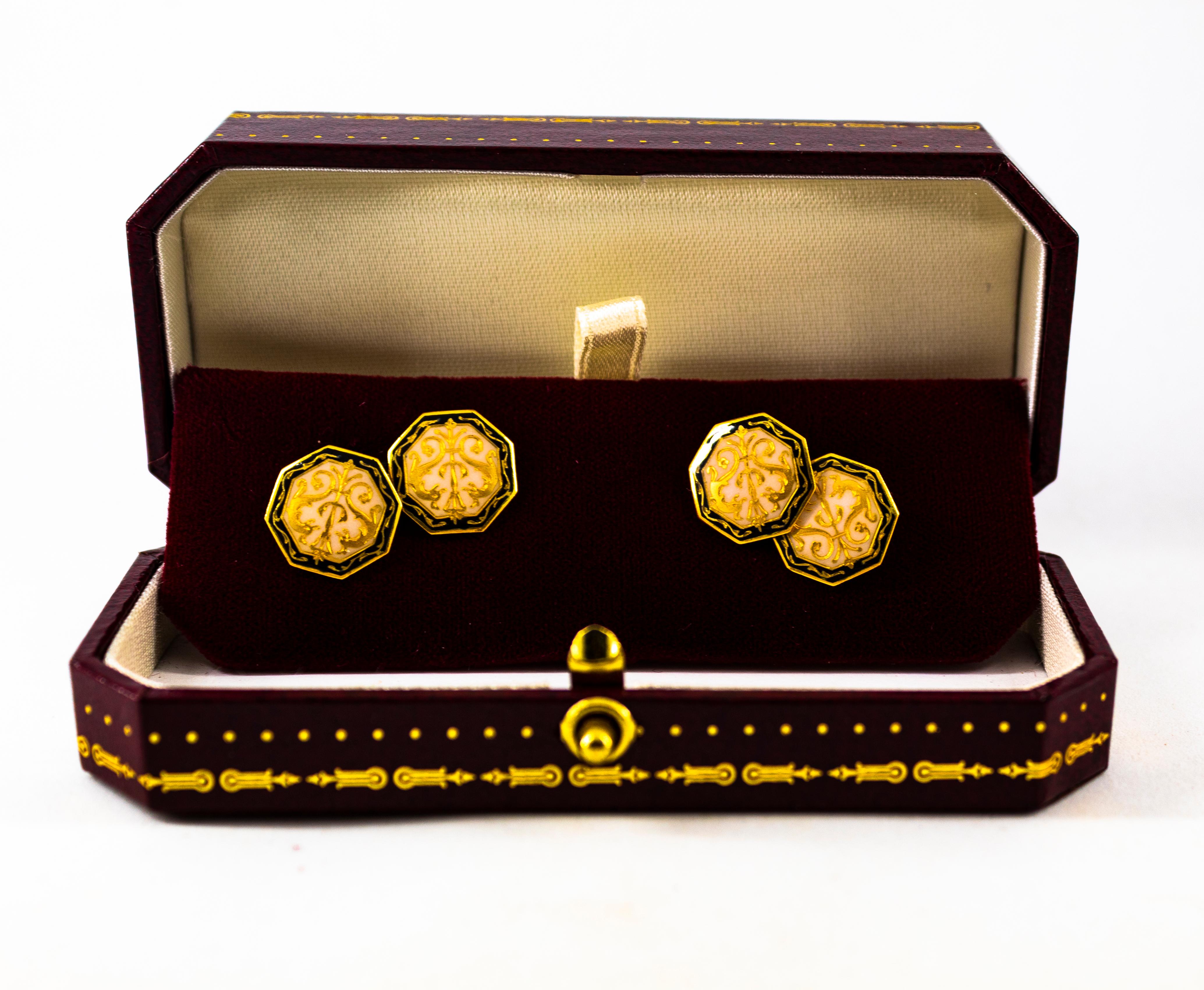 Art Nouveau Enamel Handcrafted Yellow Gold Cufflinks 2