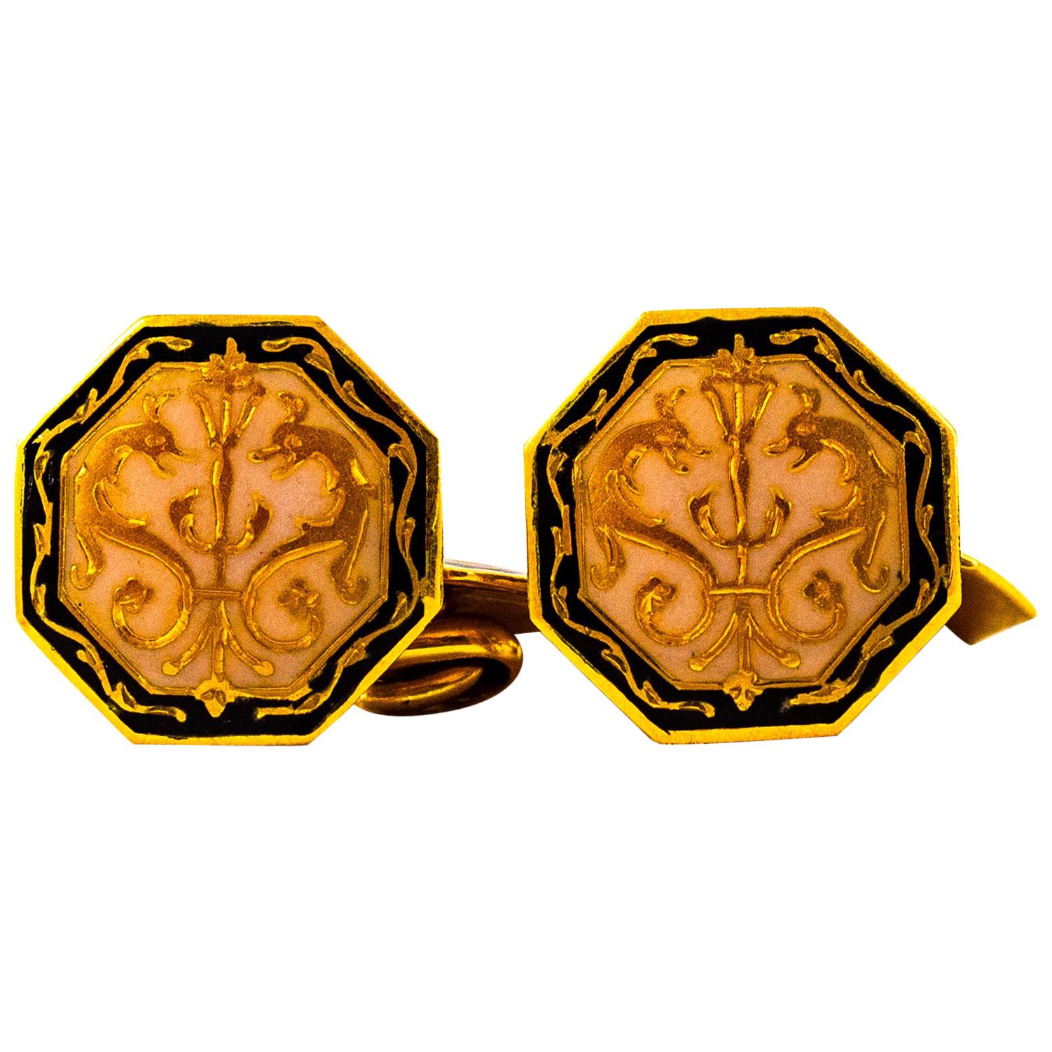 Art Nouveau Enamel Handcrafted Yellow Gold Cufflinks