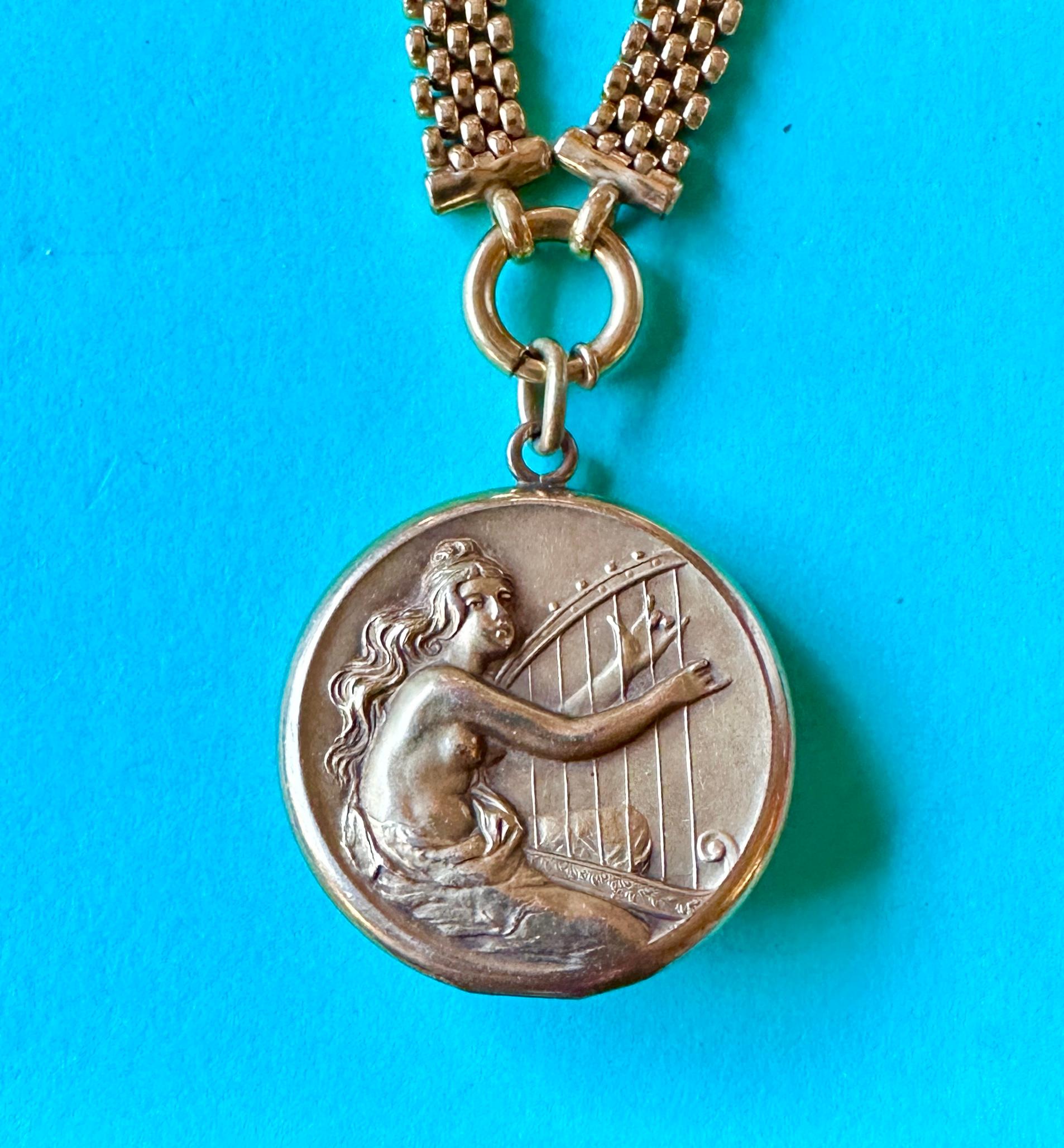 Victorian Art Nouveau Enamel Heart Nude Goddess Maiden Playing Harp Locket Necklace For Sale