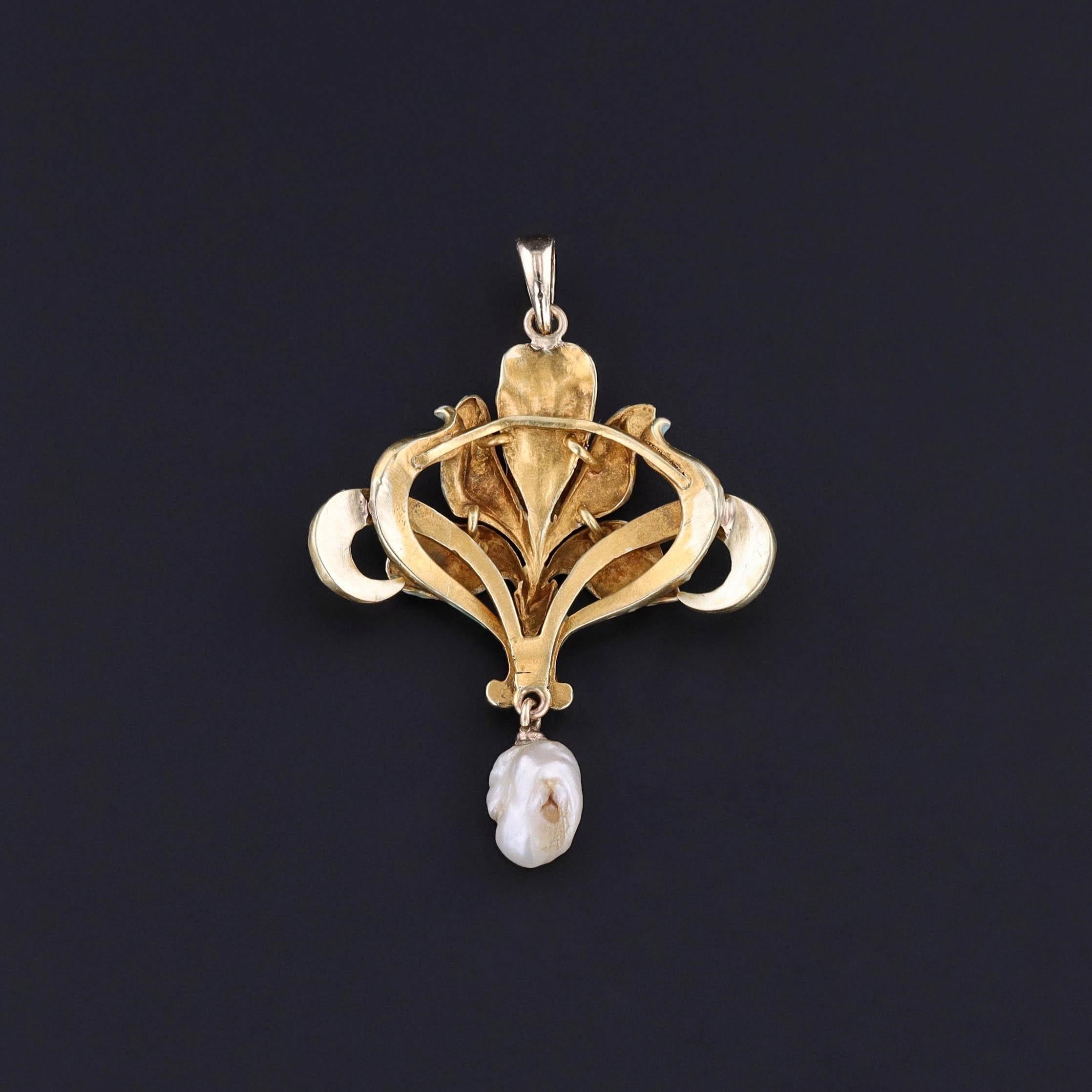 Round Cut Art Nouveau Enamel Iris Pendant of 14k Gold For Sale