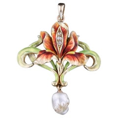 Art Nouveau Enamel Iris Pendant of 14k Gold