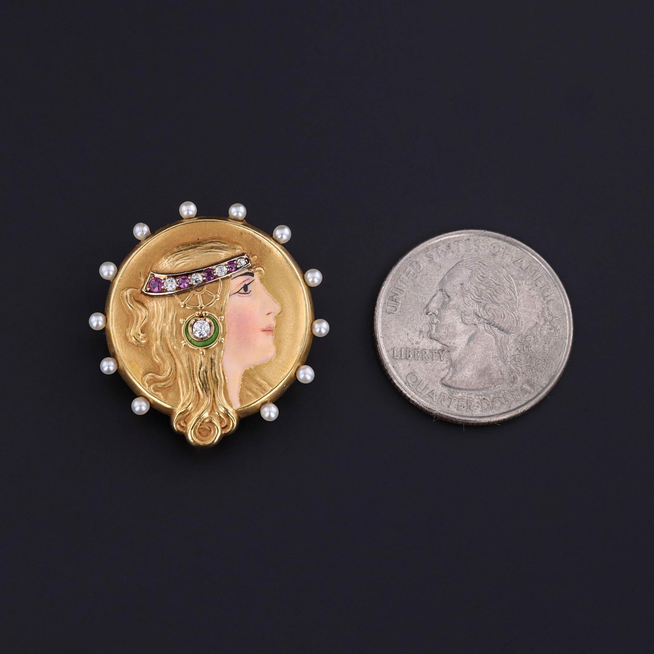 Taglio rotondo Spilla da donna in oro 14k con smalto Art Nouveau in scatola originale in vendita