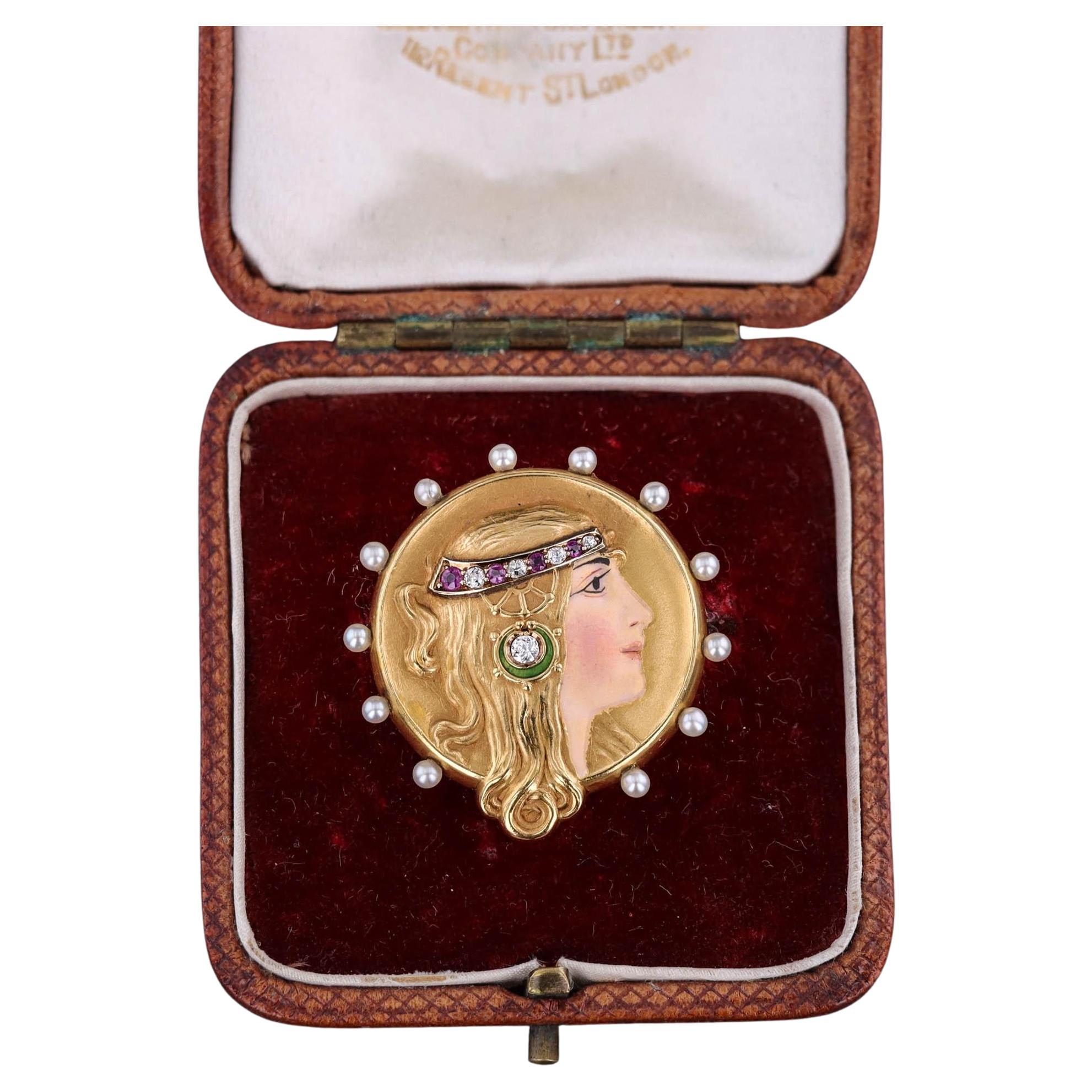 Spilla da donna in oro 14k con smalto Art Nouveau in scatola originale in vendita