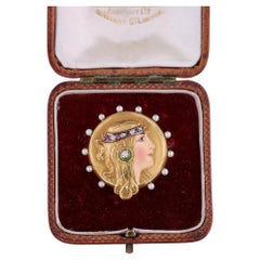 Antique Art Nouveau Enamel Lady Brooch of 14k Gold in Original Box