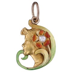 Art Nouveau Enamel Lady Charm of 14k Gold