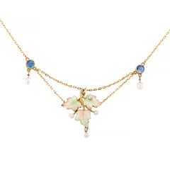 Art Nouveau Enamel Leaf Motif, Yogo Sapphire, & Diamond Festoon Necklace