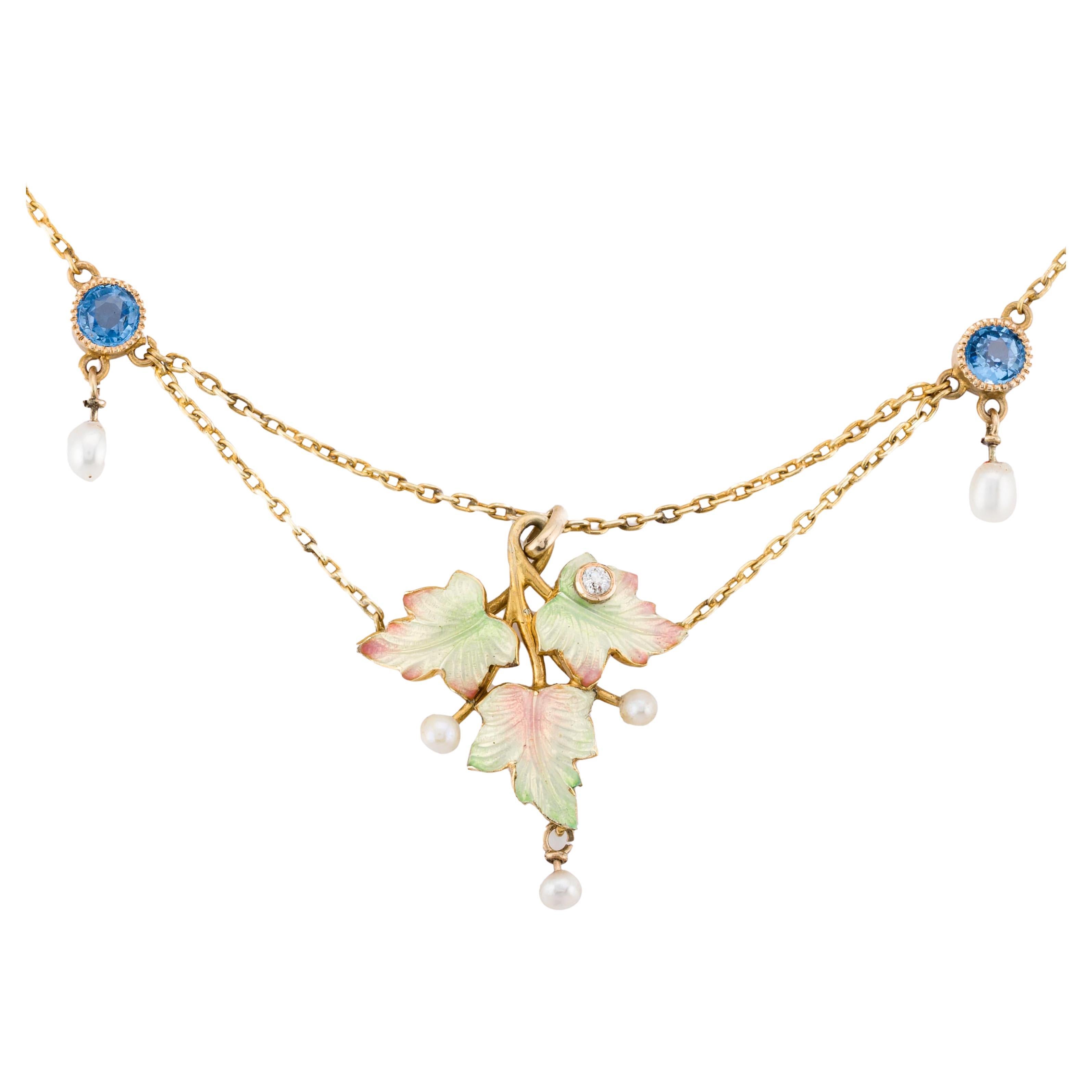 Art Nouveau Enamel Leaf Motif, Yogo Sapphire, & Diamond Festoon Necklace