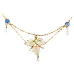 Art Nouveau Enamel Leaf Motif, Yogo Sapphire, & Diamond Festoon Necklace