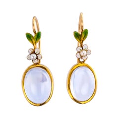 Antique Art Nouveau Enamel Moonstone Pearl Drop Earrings
