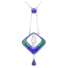 Art Nouveau Enamel Mother of Pearl and Sterling Silver Pendant