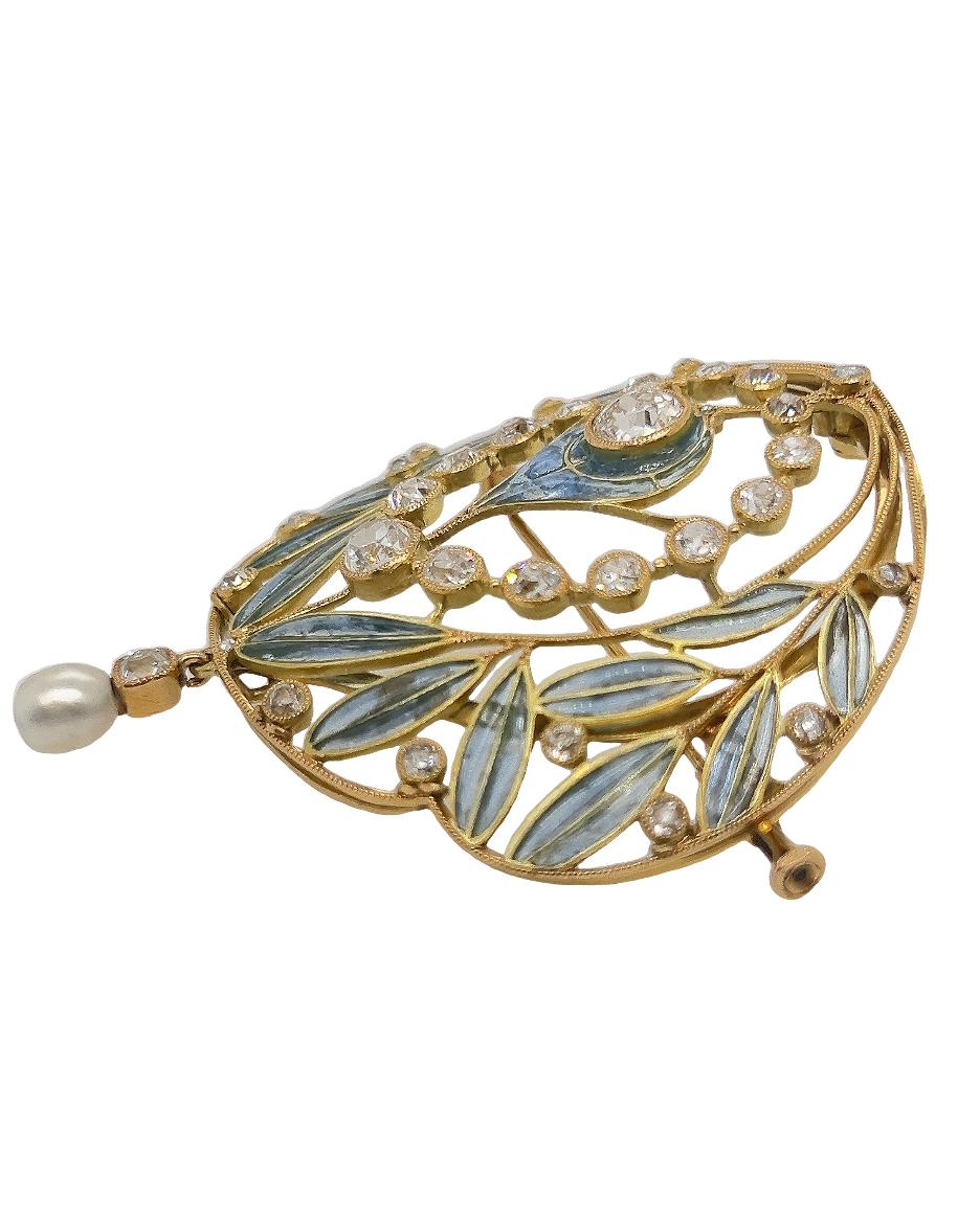 Art nouveau Broche Art Nouveau en émail et diamants taillés à l'ancienne en vente