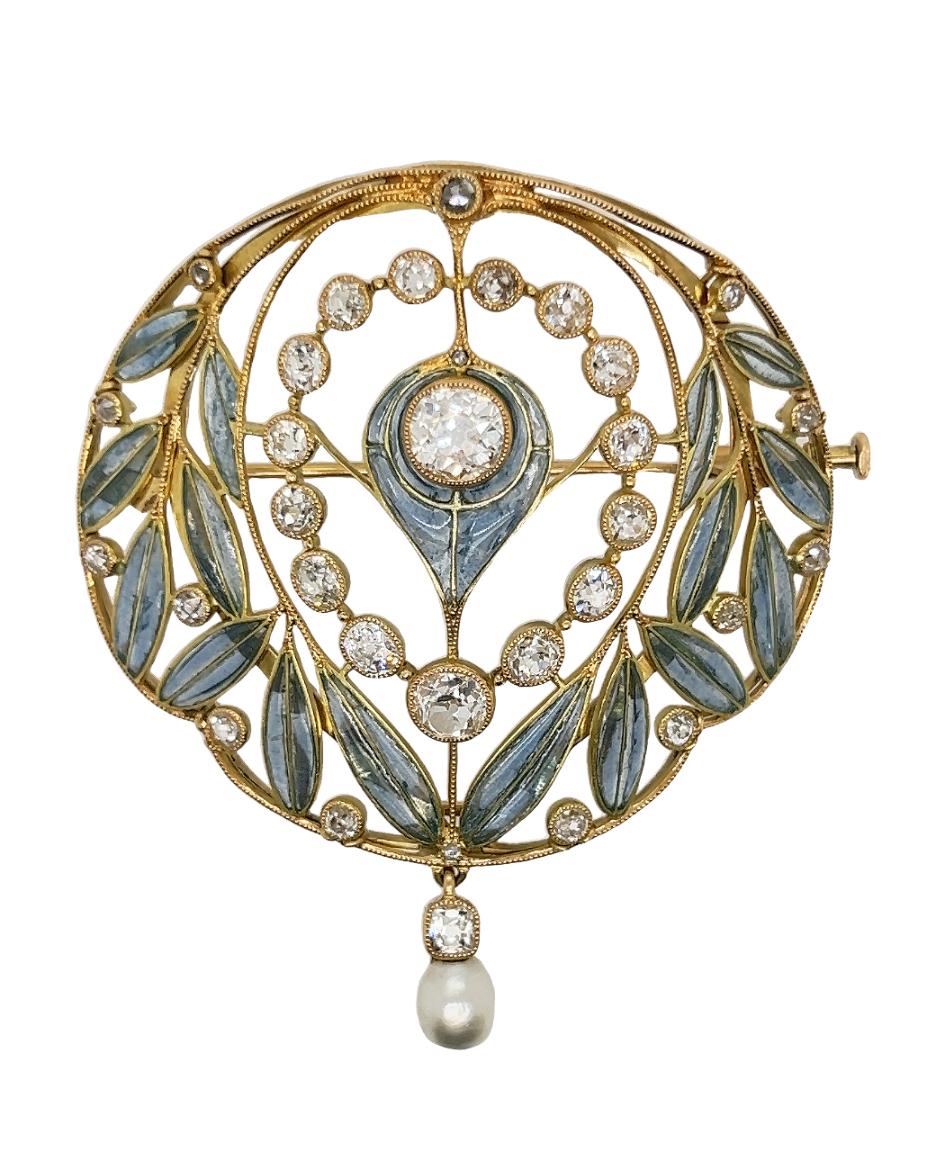 Art Nouveau Enamel & Old Cut Diamond Brooch In Excellent Condition For Sale In London, GB