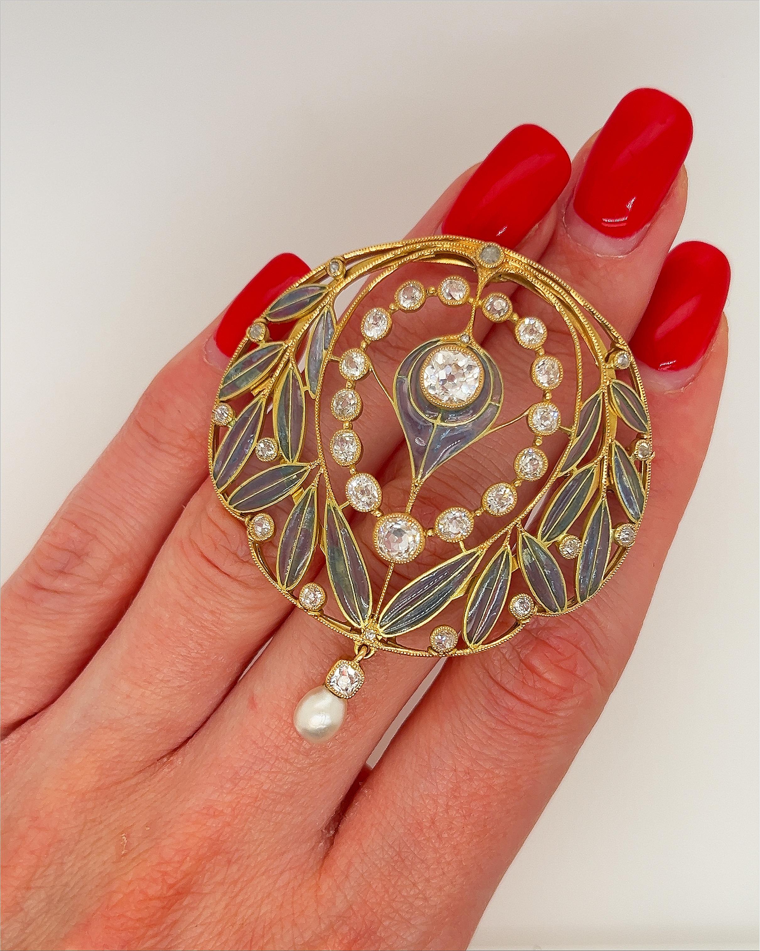 Women's or Men's Art Nouveau Enamel & Old Cut Diamond Brooch For Sale