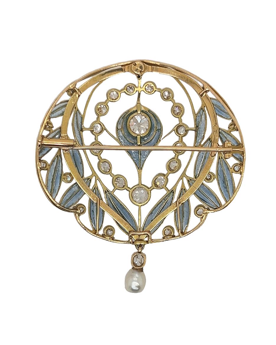 Broche Art Nouveau en émail et diamants taillés à l'ancienne Unisexe en vente